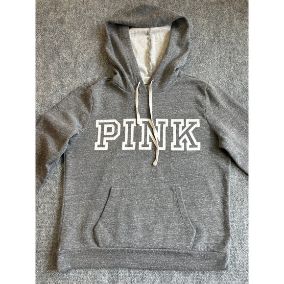 PINK Victoria's Secret Tops - Victoria's Secret PINK Hoodie Gray Heathered Logo Pullover Sweatshirt Womens M
